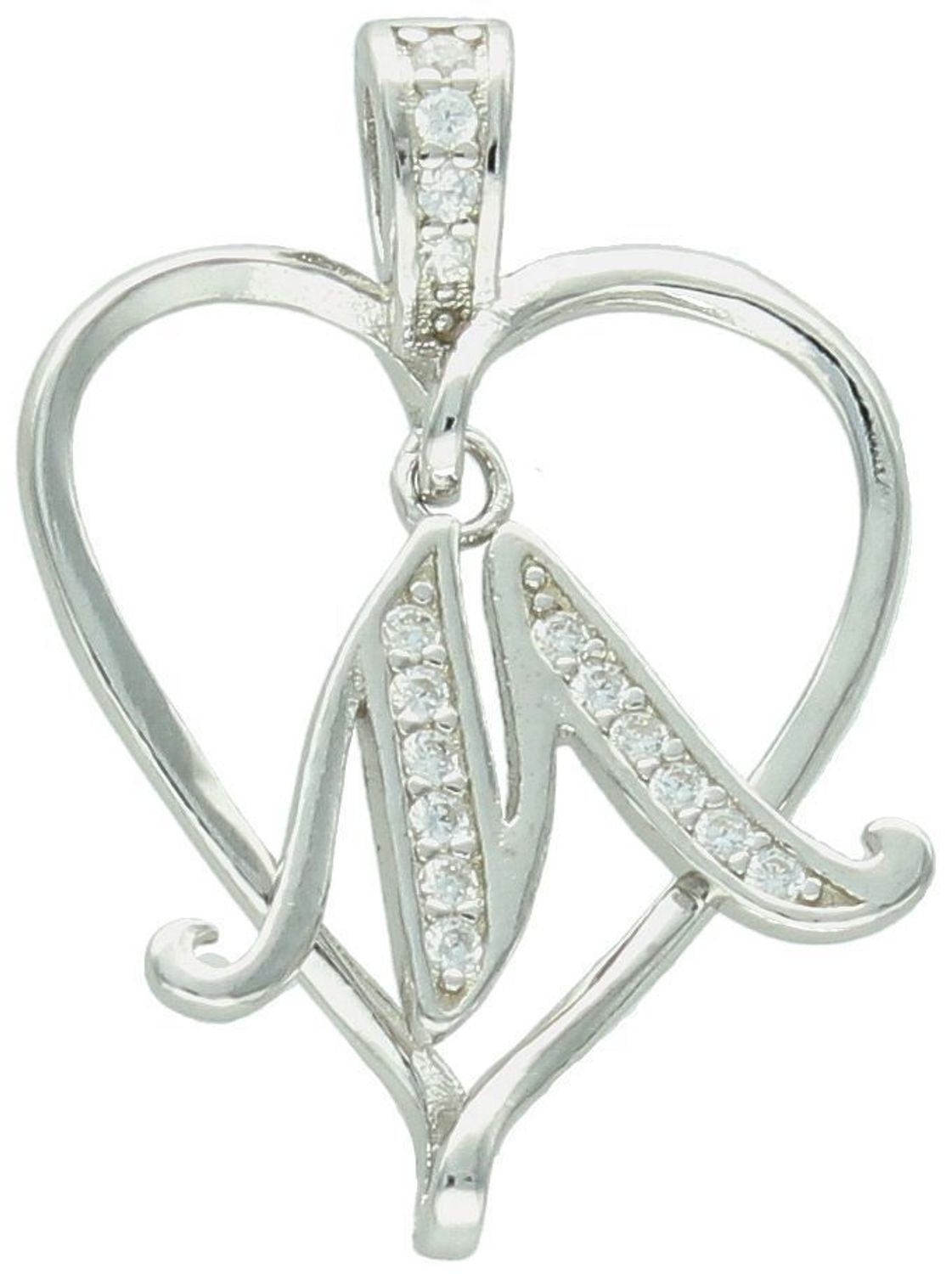 Zawieszka srebrna serduszko z literką M w cyrkonie próba 925, DIA-ZAW-HP007+M11MM-925 Delikatna, osobista i pełna uroku – srebrna zawieszka w kształcie serduszka z literką „M”1.jpg