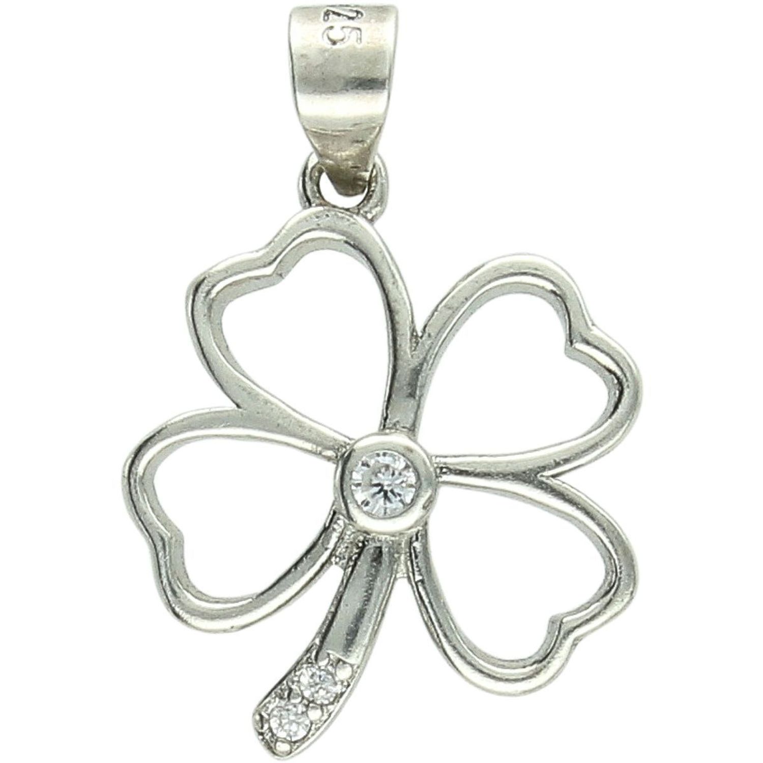 Delikatna srebrna zawieszka damska w kształcie koniczynki, zdobiona cyrkonią. Wykonana ze srebra próby 925, lekka i elegancka. Idealna na prezent i talizman szczęścia.1.jpg