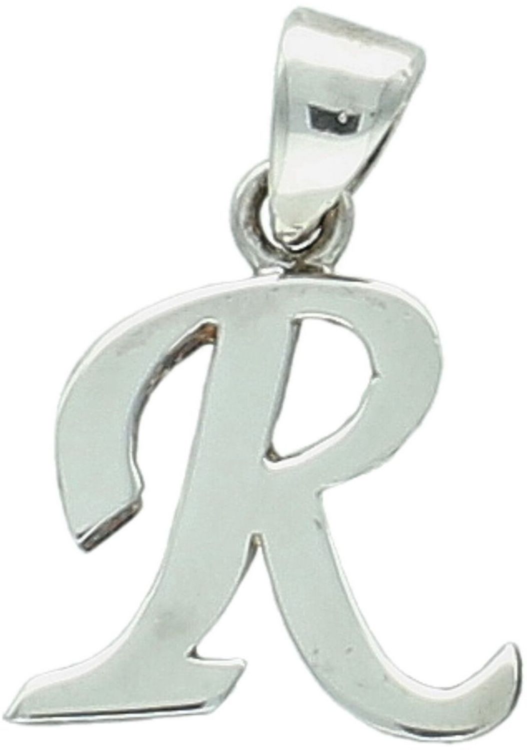 Srebrna zawieszka z literką R z gładkim wykończeniem. Wykonana ze srebra 925, elegancka i ponadczasowa – idealna na prezent lub do codziennego noszenia.1.jpg