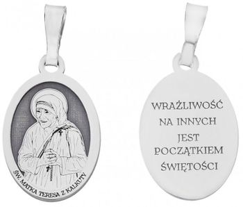 Srebrny rodowany medalik Ag 925 z wizerunkiem Św. Matki Teresy z Kalkuty. Z napisem „Wrażliwość na innych jest początkiem świętości”, wymiary 12 x 19 mm, waga 1,2–1,4 g, elegancki i symboliczny2.jpg