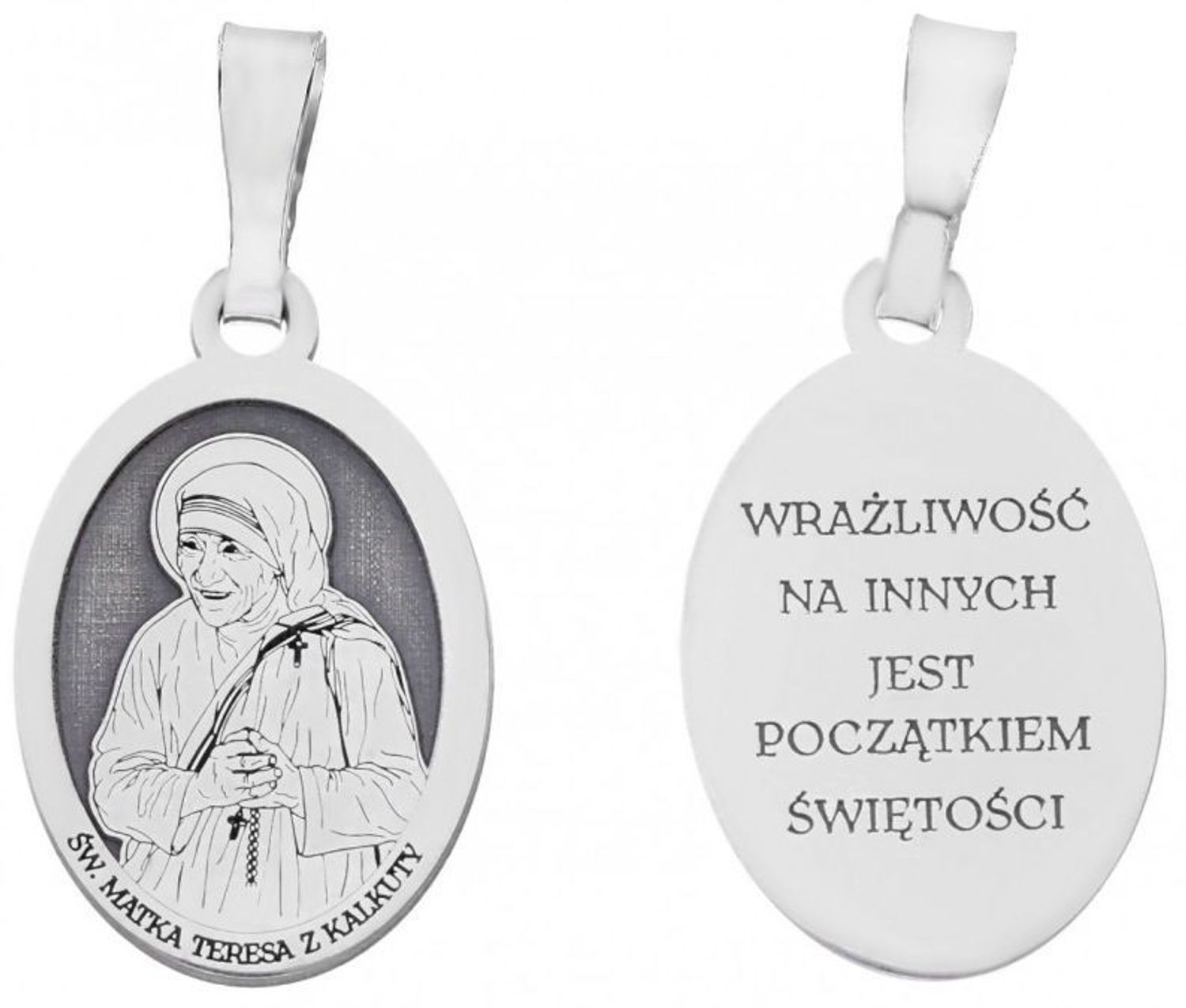 Srebrny rodowany medalik Ag 925 z wizerunkiem Św. Matki Teresy z Kalkuty. Z napisem „Wrażliwość na innych jest początkiem świętości”, wymiary 12 x 19 mm, waga 1,2–1,4 g, elegancki i symboliczny2.jpg