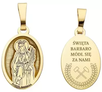Srebrny pozłacany medalik Ag 925 z wizerunkiem Św. Barbary, patronki górników, marynarzy i architektów. Wymiary 12 x 19 mm, waga 1,4 g, elegancki i symboliczny dodatek religijny.1.webp
