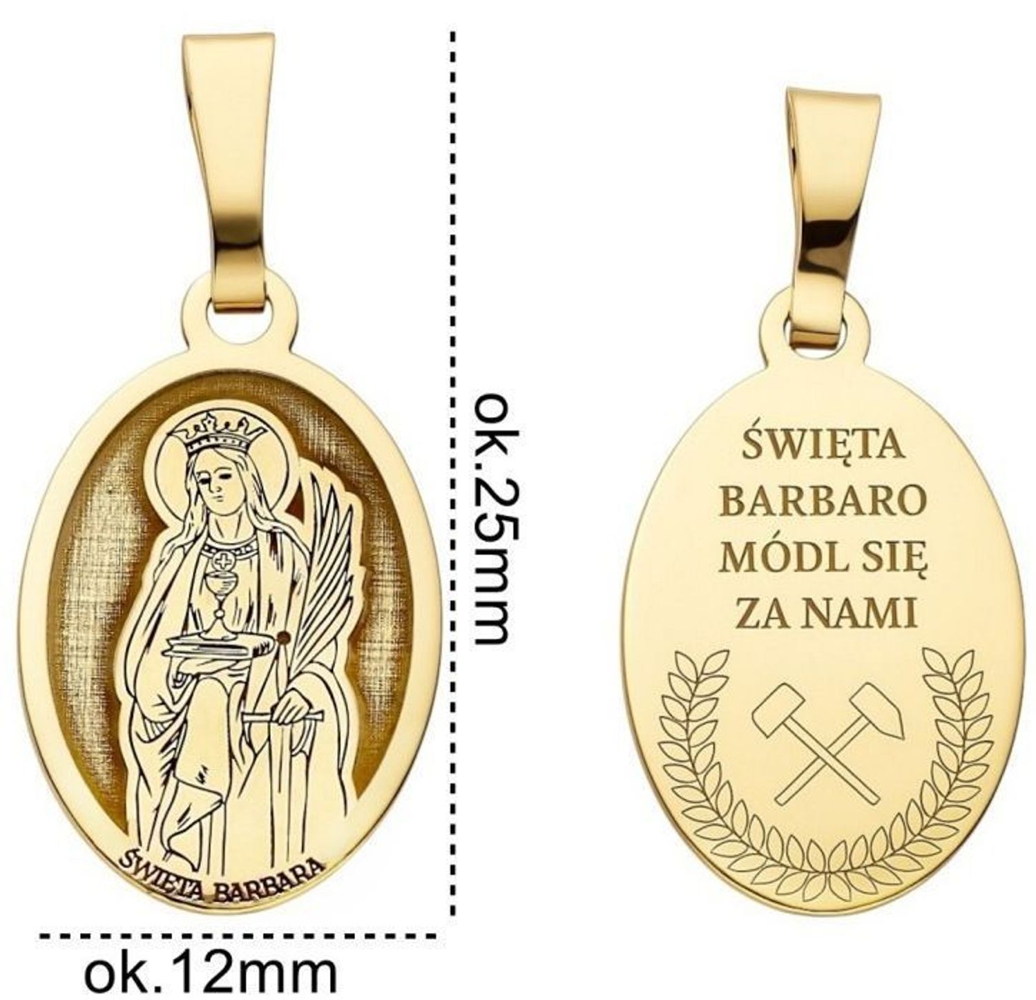 Srebrny pozłacany medalik Ag 925 z wizerunkiem Św. Barbary, patronki górników, marynarzy i architektów. Wymiary 12 x 19 mm, waga 1,4 g, elegancki i symboliczny dodatek religijny.1.webp