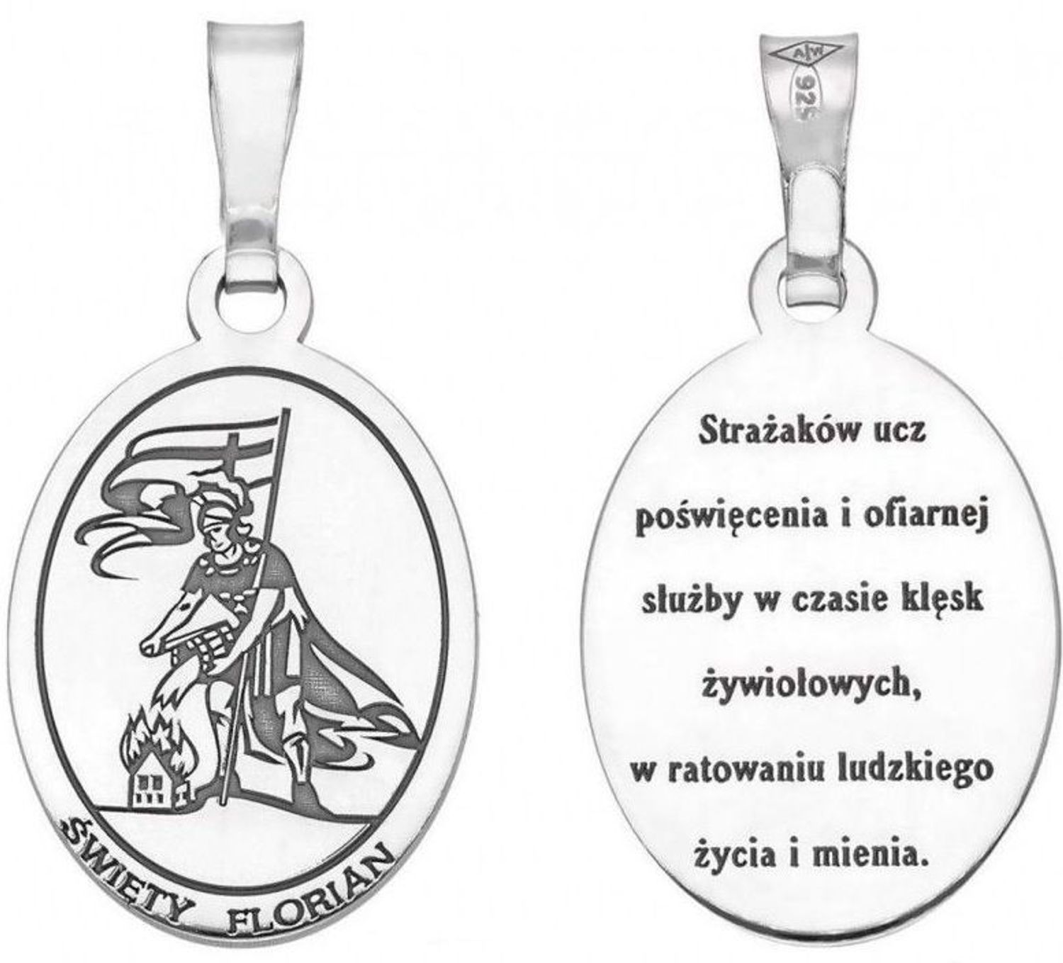 Medalik srebrny Ag 925 z wizerunkiem świętego Floriana, patrona strażaków. Rodowany, z napisem upamiętniającym poświęcenie i służbę w ratowaniu życia i mienia.1.jpg
