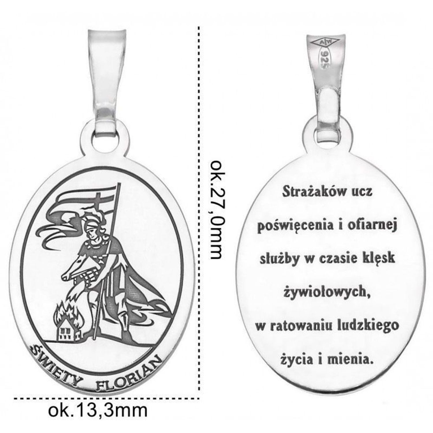 Medalik srebrny Ag 925 z wizerunkiem świętego Floriana, patrona strażaków. Rodowany, z napisem upamiętniającym poświęcenie i służbę w ratowaniu życia i mienia.1.jpg