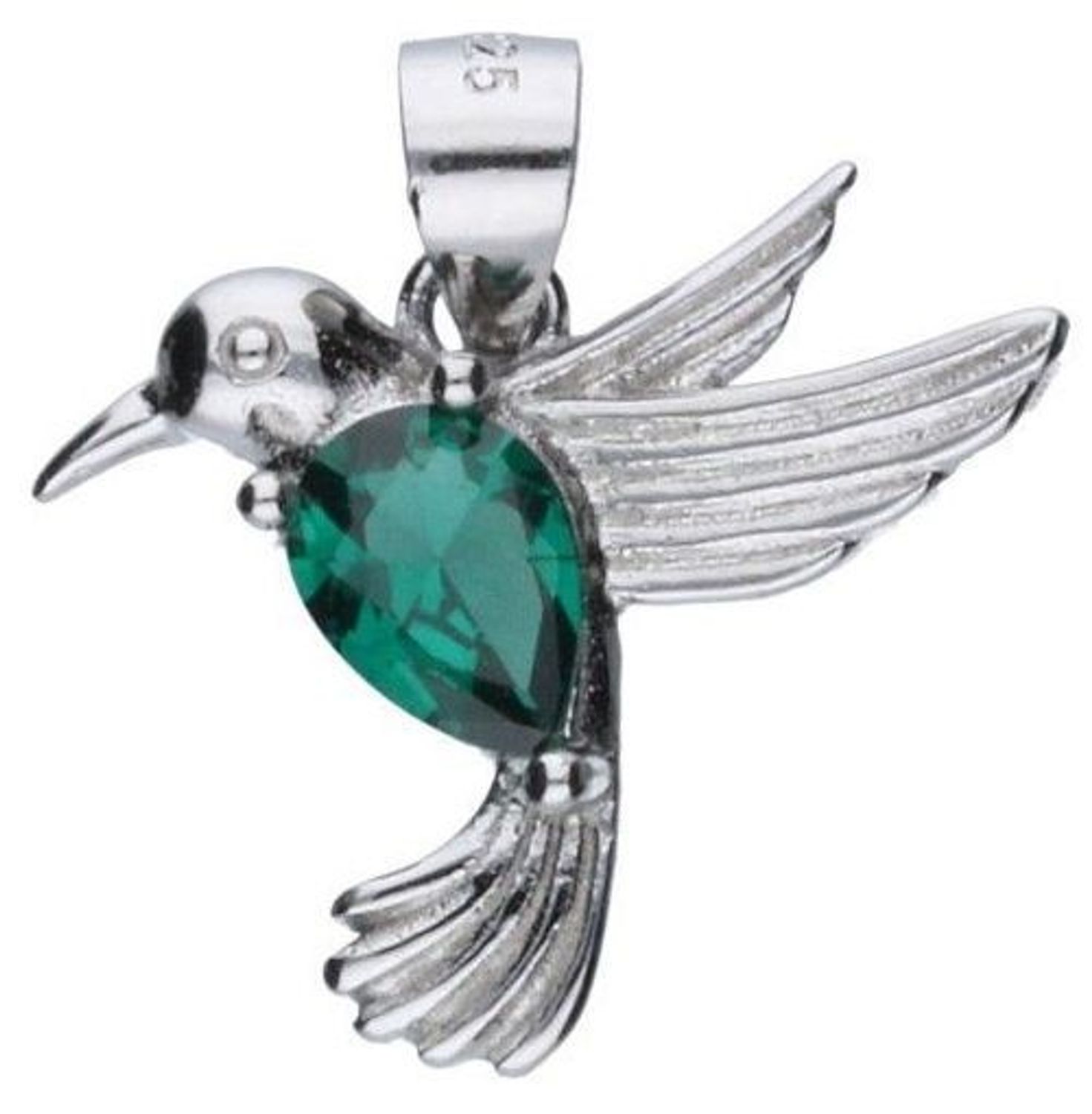 Srebrna rodowana zawieszka 925 w kształcie kolibra z cyrkonią w kolorze emerald. Wymiary 18x18 mm. Symboliczna i elegancka biżuteria idealna na prezent.1.jpg