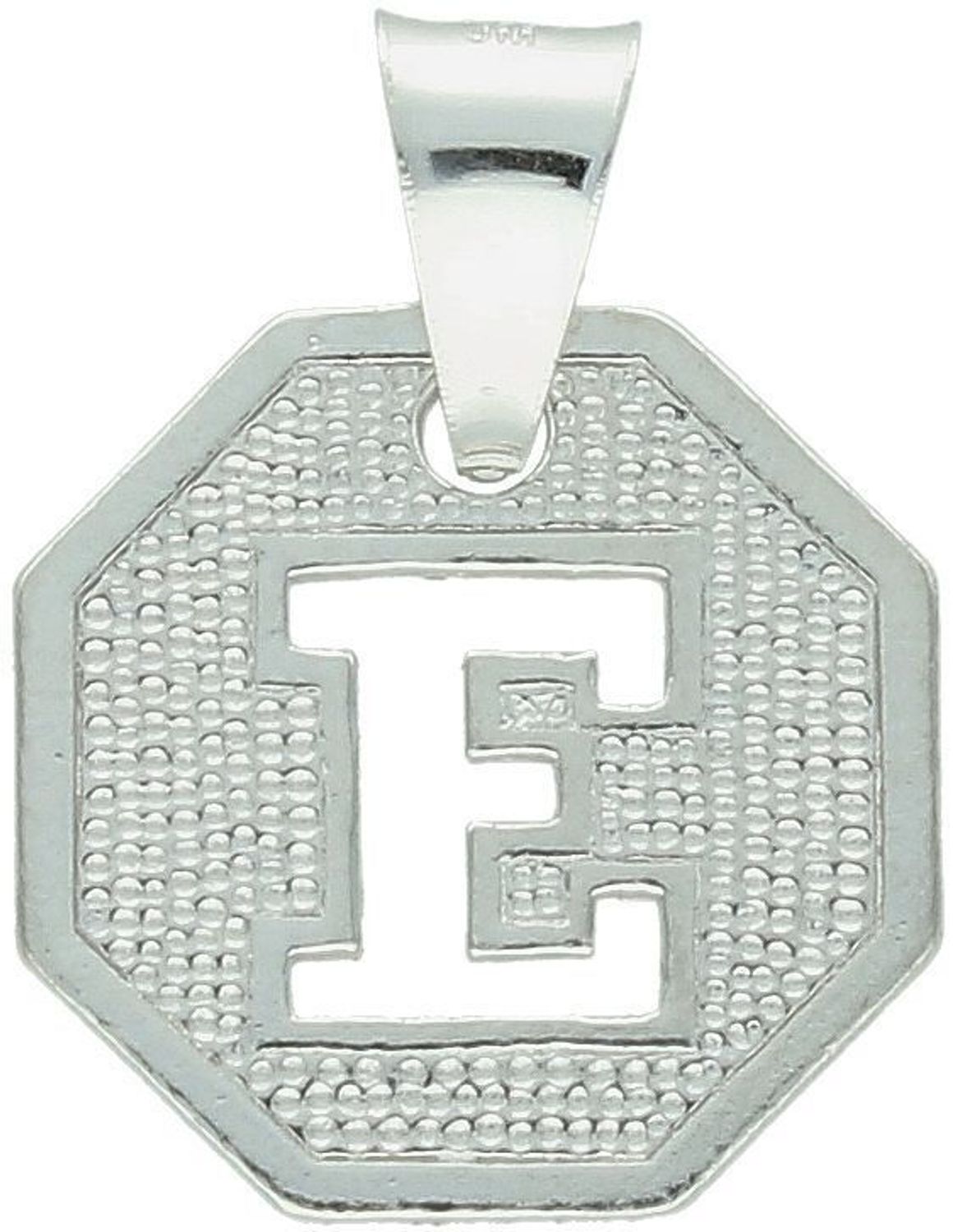 Zawieszka srebrna 925 z literką „E” na blaszce. Wymiary 1,5 cm x 2,0 cm, waga 1,71 g. Elegancka i personalizowana biżuteria na prezent.2.jpg