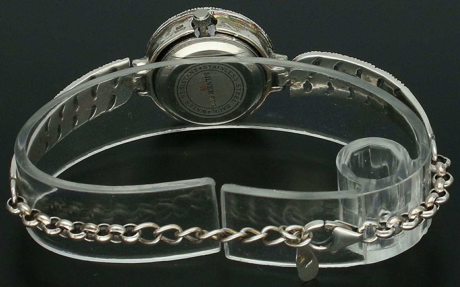 Elegancki zegarek damski ze srebra 925, waga 20,7 g. Koperta 2,2 cm, bransoletka 15+2,5 cm, zdobiony markazytami. Grawer gratis – idealny na prezent.11.jpg