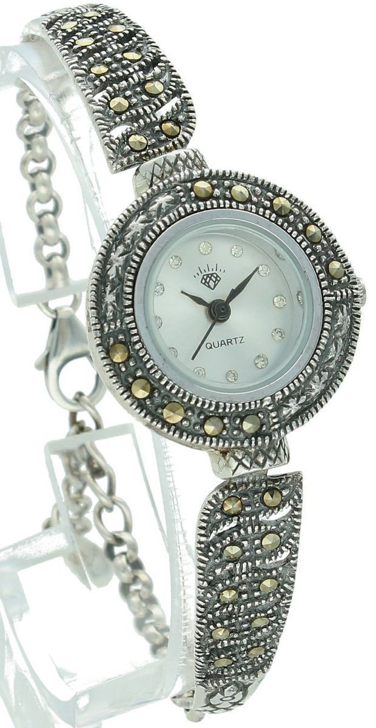 Elegancki zegarek damski ze srebra 925, waga 20,7 g. Koperta 2,2 cm, bransoletka 15+2,5 cm, zdobiony markazytami. Grawer gratis – idealny na prezent.11.jpg