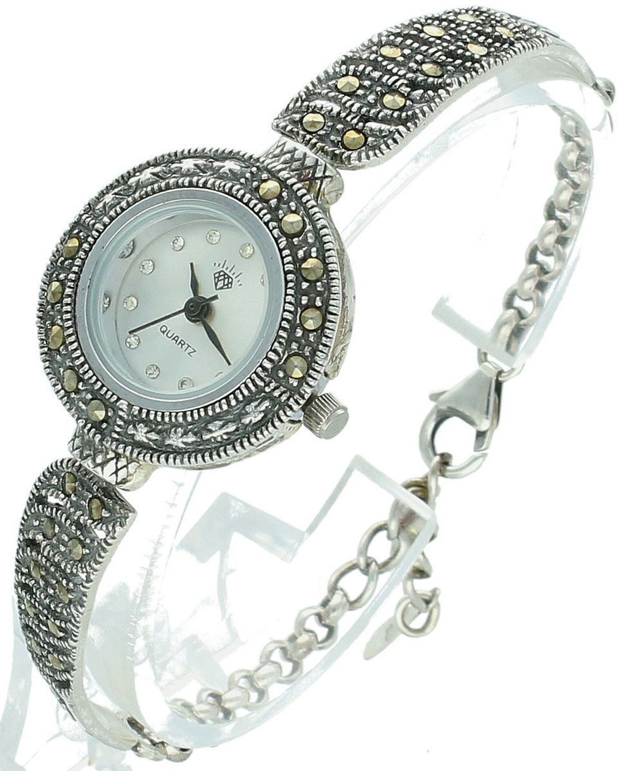 Elegancki zegarek damski ze srebra 925, waga 20,7 g. Koperta 2,2 cm, bransoletka 15+2,5 cm, zdobiony markazytami. Grawer gratis – idealny na prezent.11.jpg