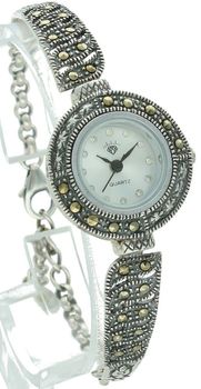 Elegancki zegarek damski ze srebra 925, waga 20,7 g. Koperta 2,2 cm, bransoletka 15+2,5 cm, zdobiony markazytami. Grawer gratis – idealny na prezent.11.jpg