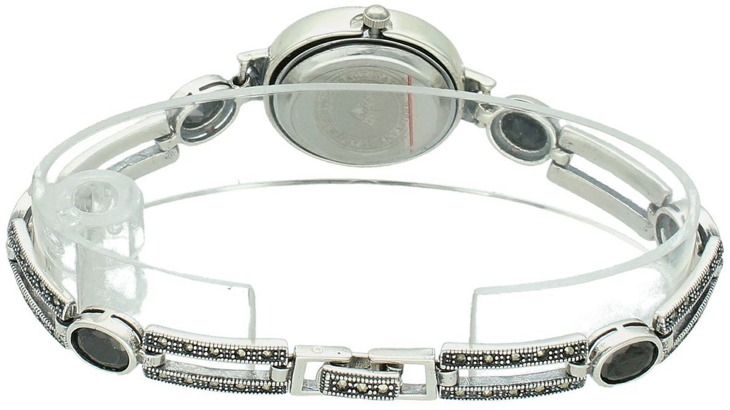 Elegancki zegarek damski ze srebra 925, waga 33,9 g. Owalna koperta 2,7 x 2,3 cm, bransoletka 21 cm x 7 mm, zdobiony markazytami i czarną cyrkonią. Grawer gratis – idealny na prezent.1.jpg