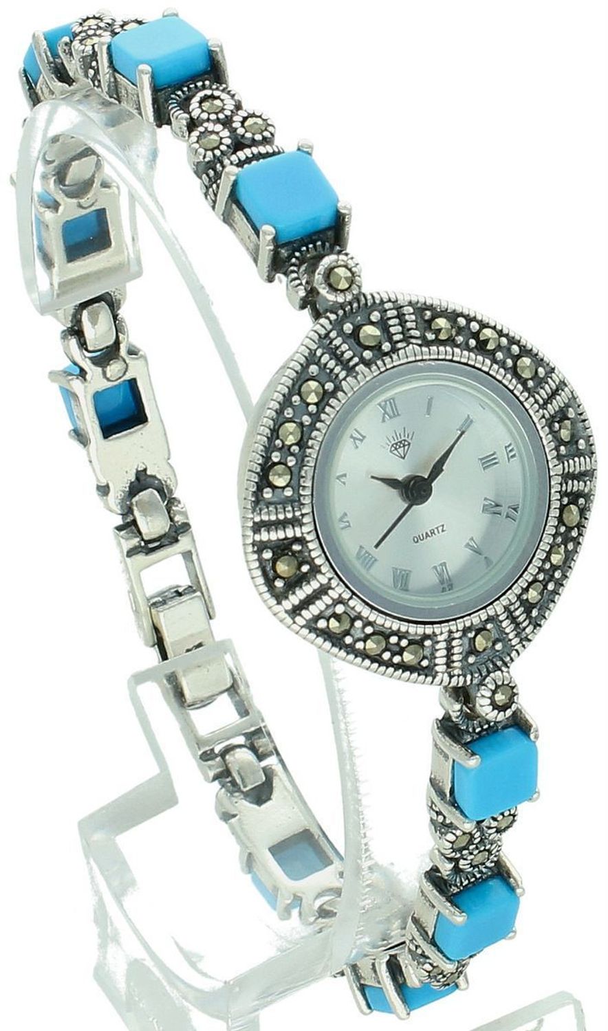 Elegancki zegarek damski ze srebra 925, waga 33,6 g. Koperta 2,7 cm, bransoletka 18 cm x 6 mm, zdobiony markazytami i turkusami. Grawer gratis – idealny na prezent.11.jpg