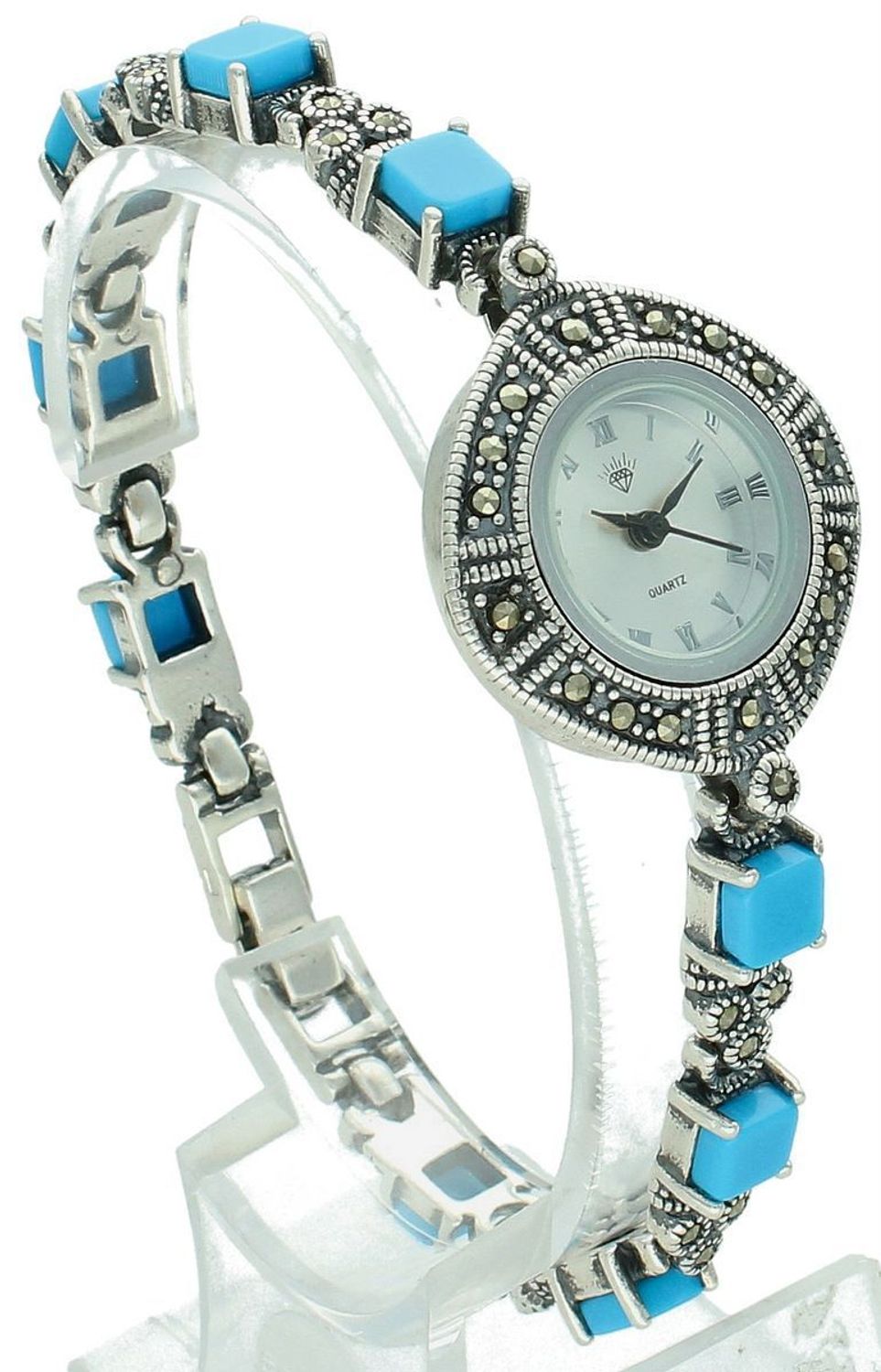 Elegancki zegarek damski ze srebra 925, waga 33,6 g. Koperta 2,7 cm, bransoletka 18 cm x 6 mm, zdobiony markazytami i turkusami. Grawer gratis – idealny na prezent.11.jpg