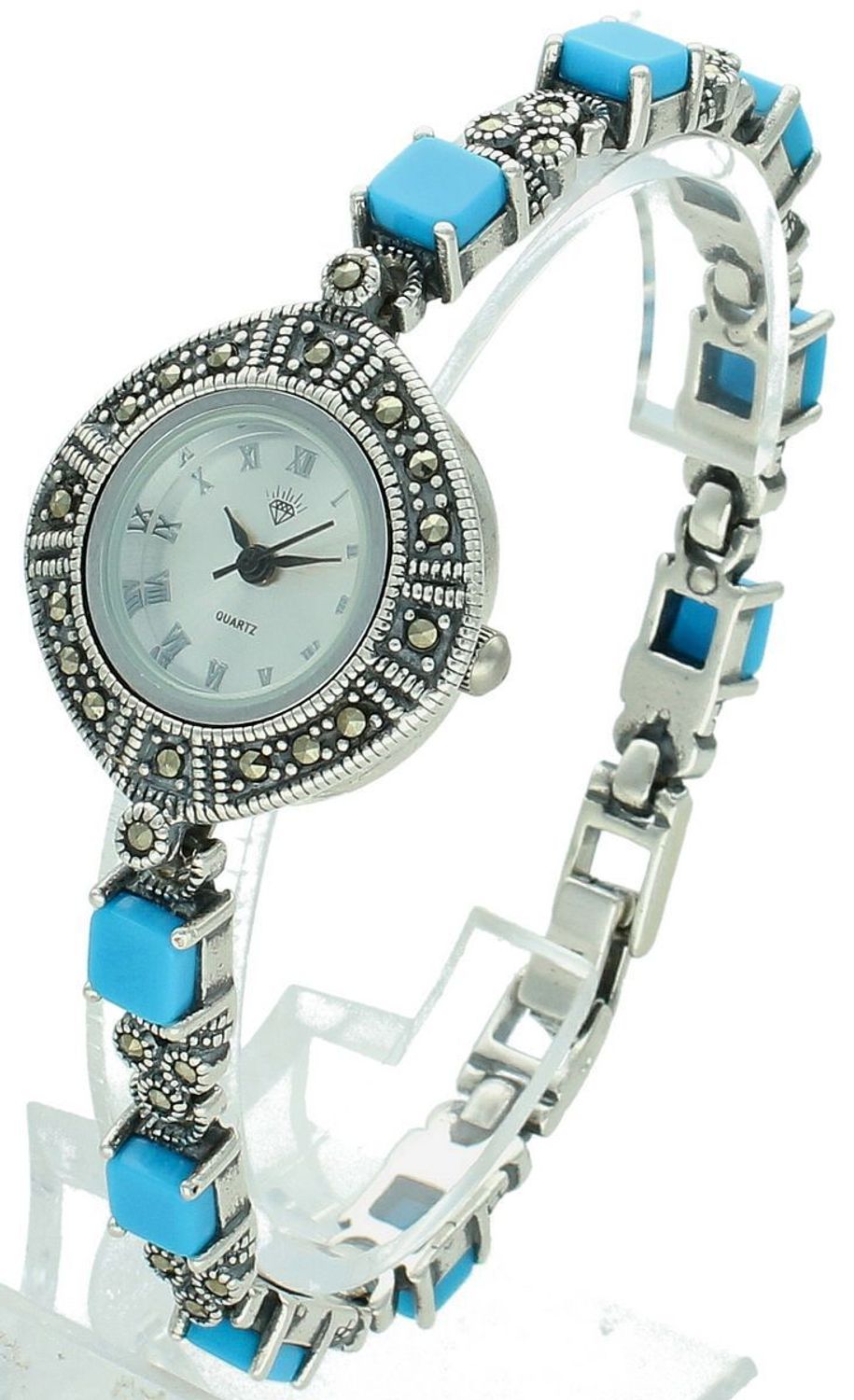 Elegancki zegarek damski ze srebra 925, waga 33,6 g. Koperta 2,7 cm, bransoletka 18 cm x 6 mm, zdobiony markazytami i turkusami. Grawer gratis – idealny na prezent.11.jpg