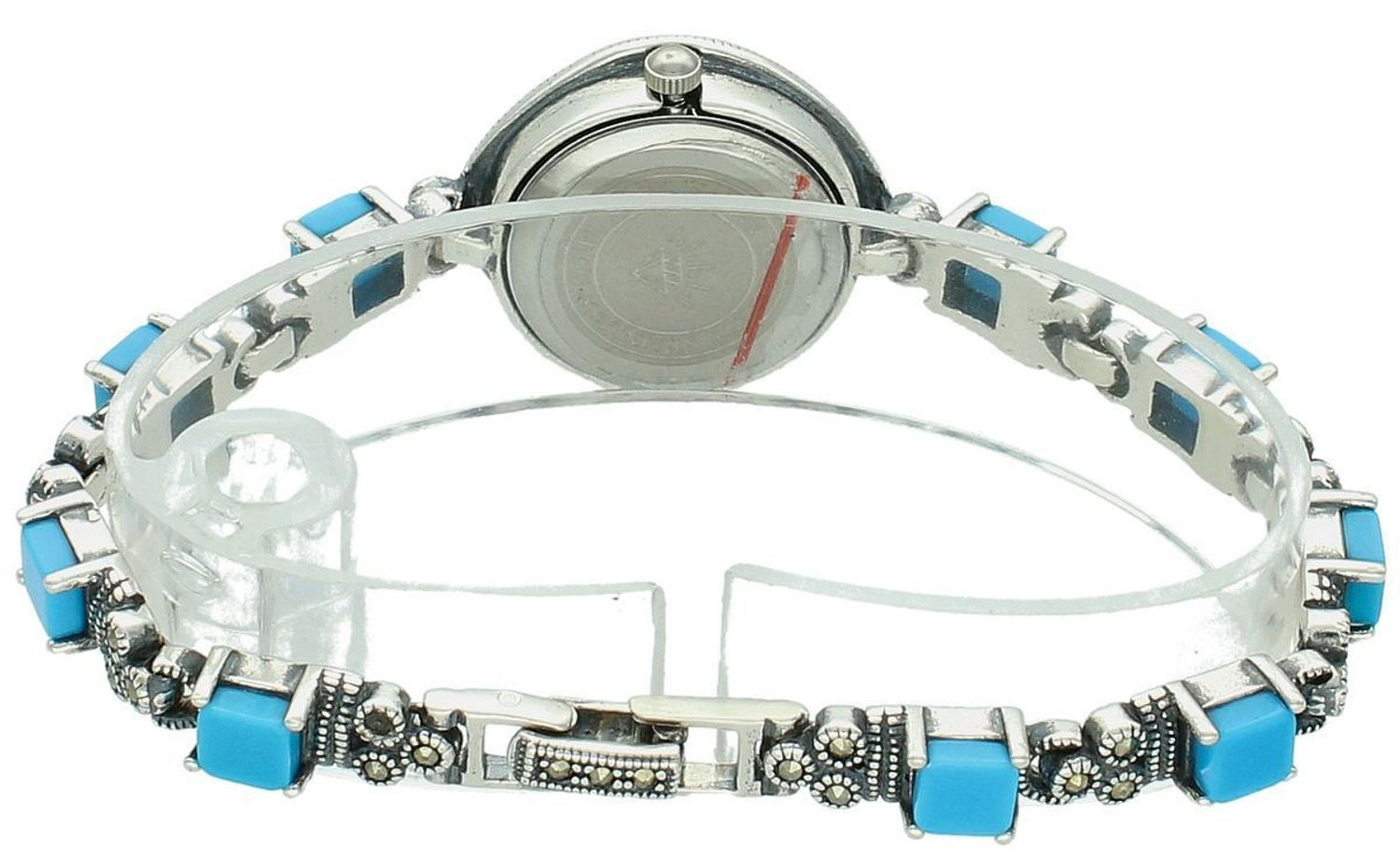 Elegancki zegarek damski ze srebra 925, waga 33,6 g. Koperta 2,7 cm, bransoletka 18 cm x 6 mm, zdobiony markazytami i turkusami. Grawer gratis – idealny na prezent.11.jpg