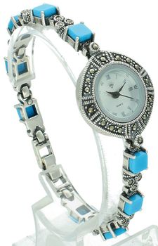 Elegancki zegarek damski ze srebra 925, waga 33,6 g. Koperta 2,7 cm, bransoletka 18 cm x 6 mm, zdobiony markazytami i turkusami. Grawer gratis – idealny na prezent.22.jpg