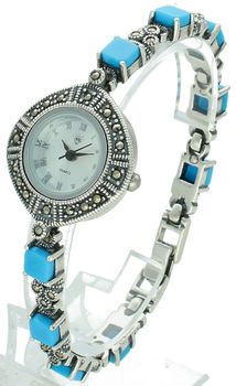 Elegancki zegarek damski ze srebra 925, waga 33,6 g. Koperta 2,7 cm, bransoletka 18 cm x 6 mm, zdobiony markazytami i turkusami. Grawer gratis – idealny na prezent.33.jpg