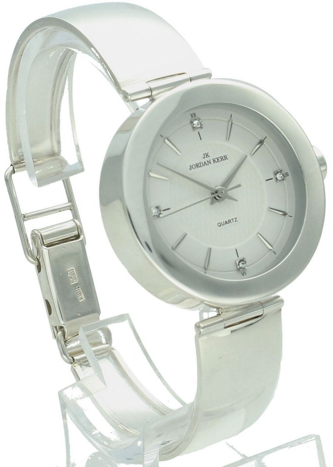 Elegancki damski zegarek srebrny próby 925 Jordan Kerr z białą tarczą, cyrkoniami i sztywną bransoletką. Stylowy dodatek na co dzień i na specjalne okazje.11.jpg