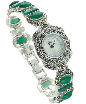 Srebrny zegarek 925 z markazytami i malachitem – elegancki model biżuteryjny Ag ..jpg