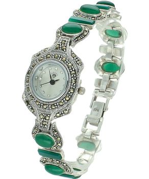 Srebrny zegarek 925 z markazytami i malachitem – elegancki model biżuteryjny green.jpg