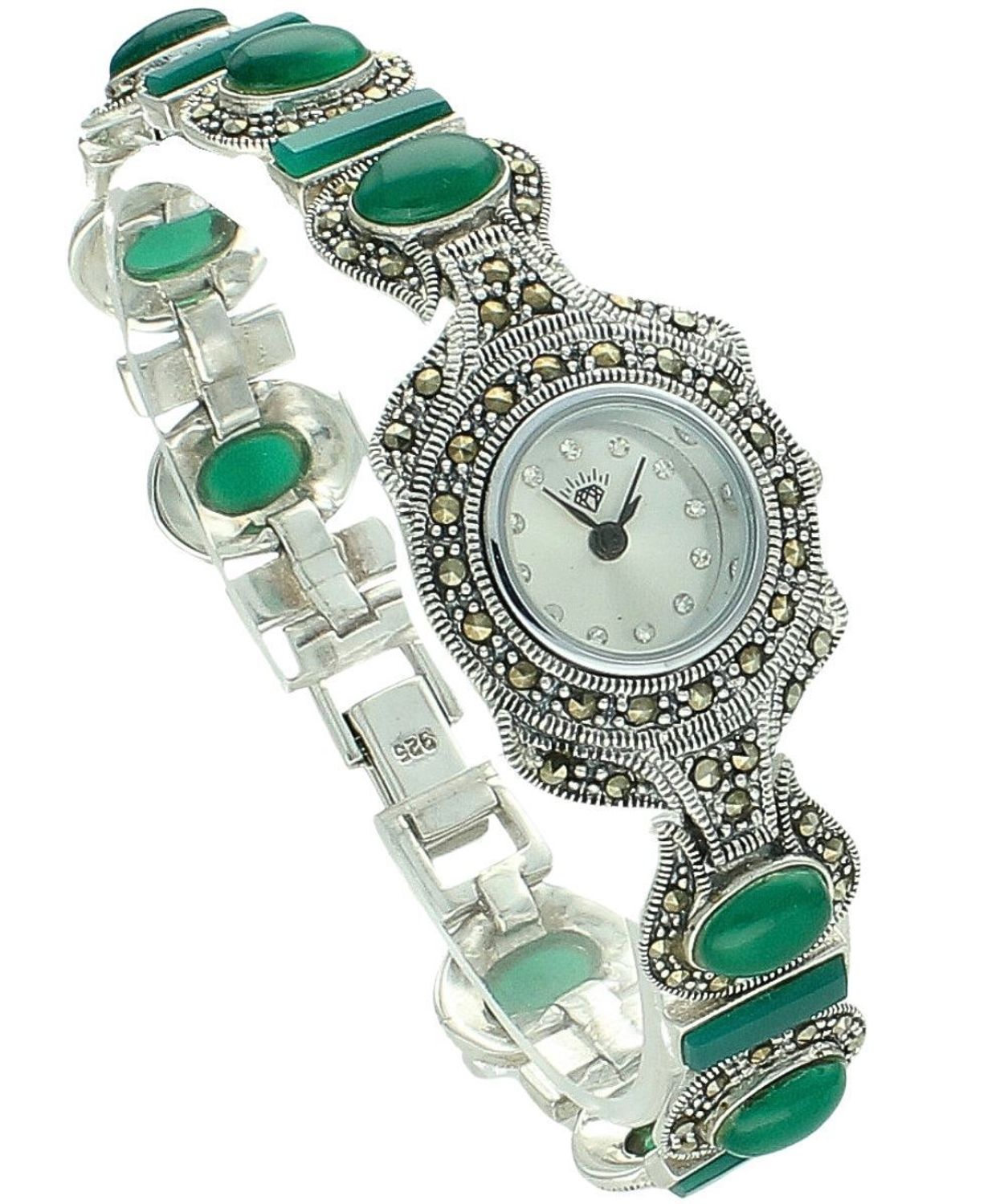 Srebrny zegarek 925 z markazytami i malachitem – elegancki model biżuteryjny Ag ..jpg