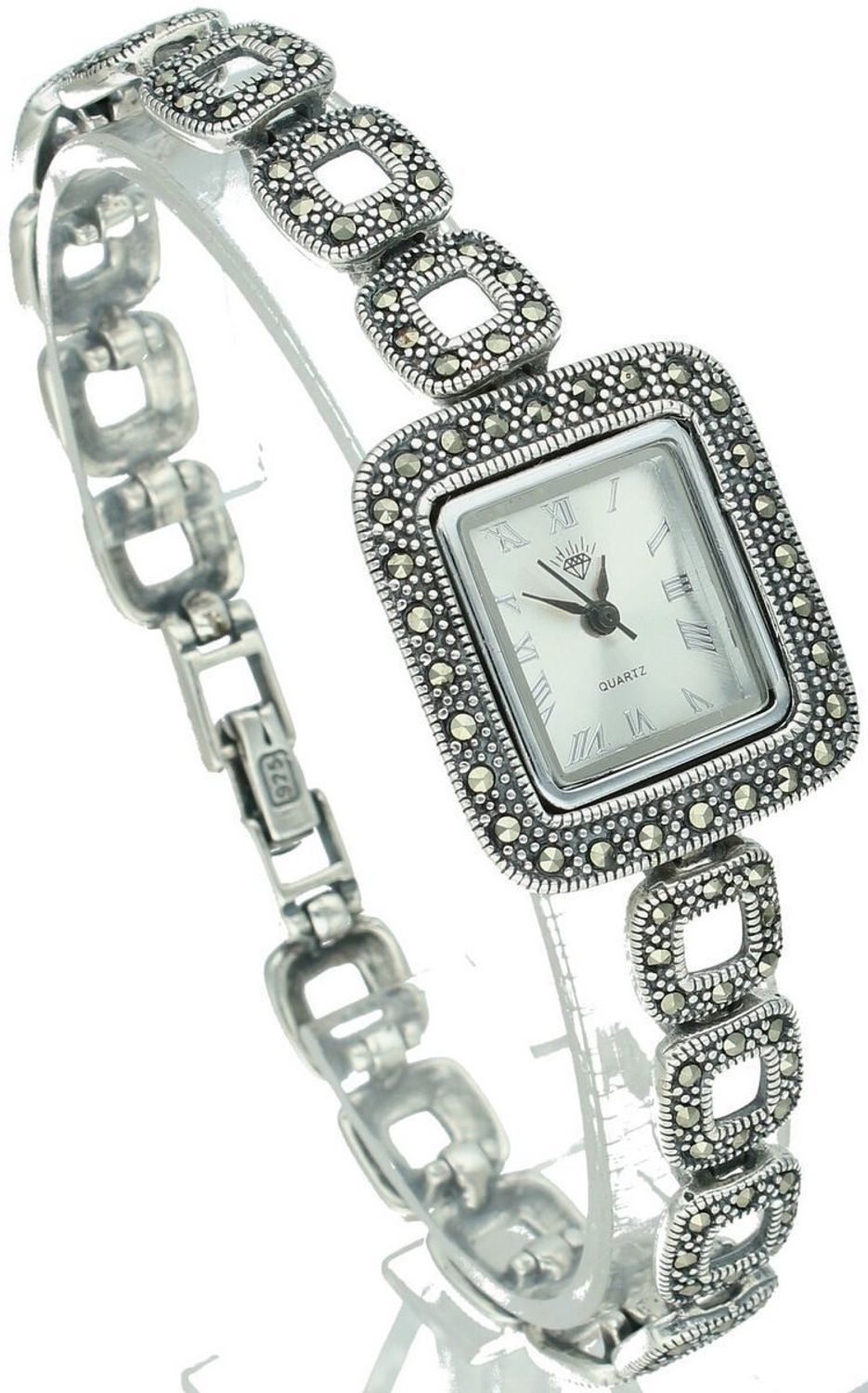 Damski zegarek srebrny 925 z markazytami – model DIA-ZEG-13848-925. Elegancki design, prostokątna tarcza, długość 21 cm, waga 40 g.1.jpg