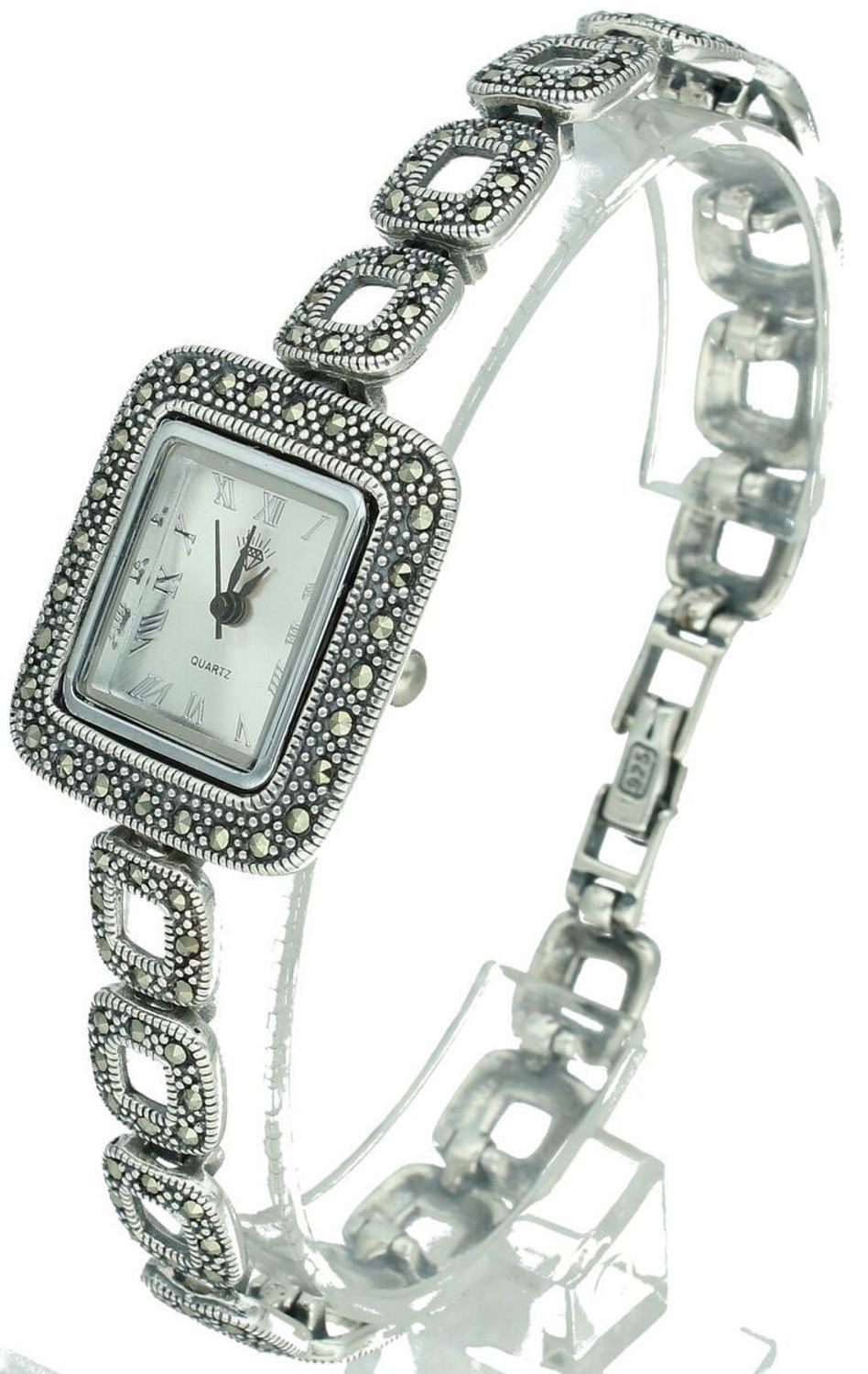 Damski zegarek srebrny 925 z markazytami – model DIA-ZEG-13848-925. Elegancki design, prostokątna tarcza, długość 21 cm, waga 40 g.1.jpg
