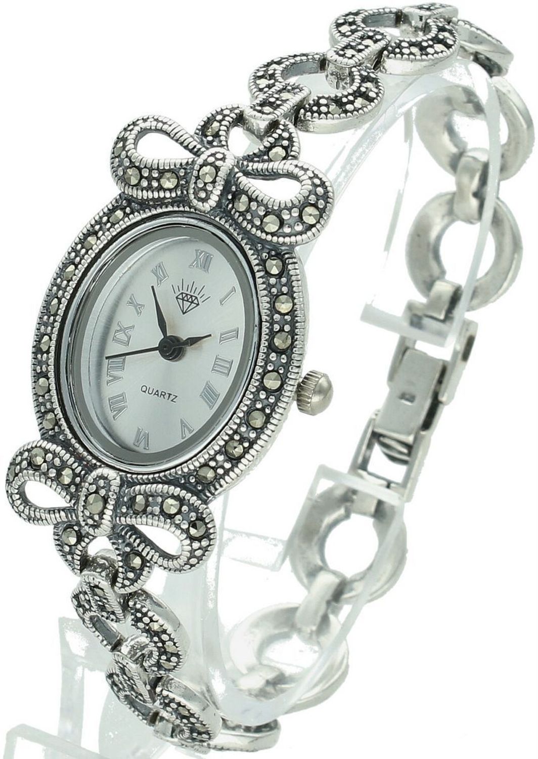 Zegarek damski DIA-ZEG-13850-925 ze srebra 925. Owalna tarcza z markazytami, długość 18 cm, zatrzask, 29,70 g – klasyczny styl i elegancja.1.jpg