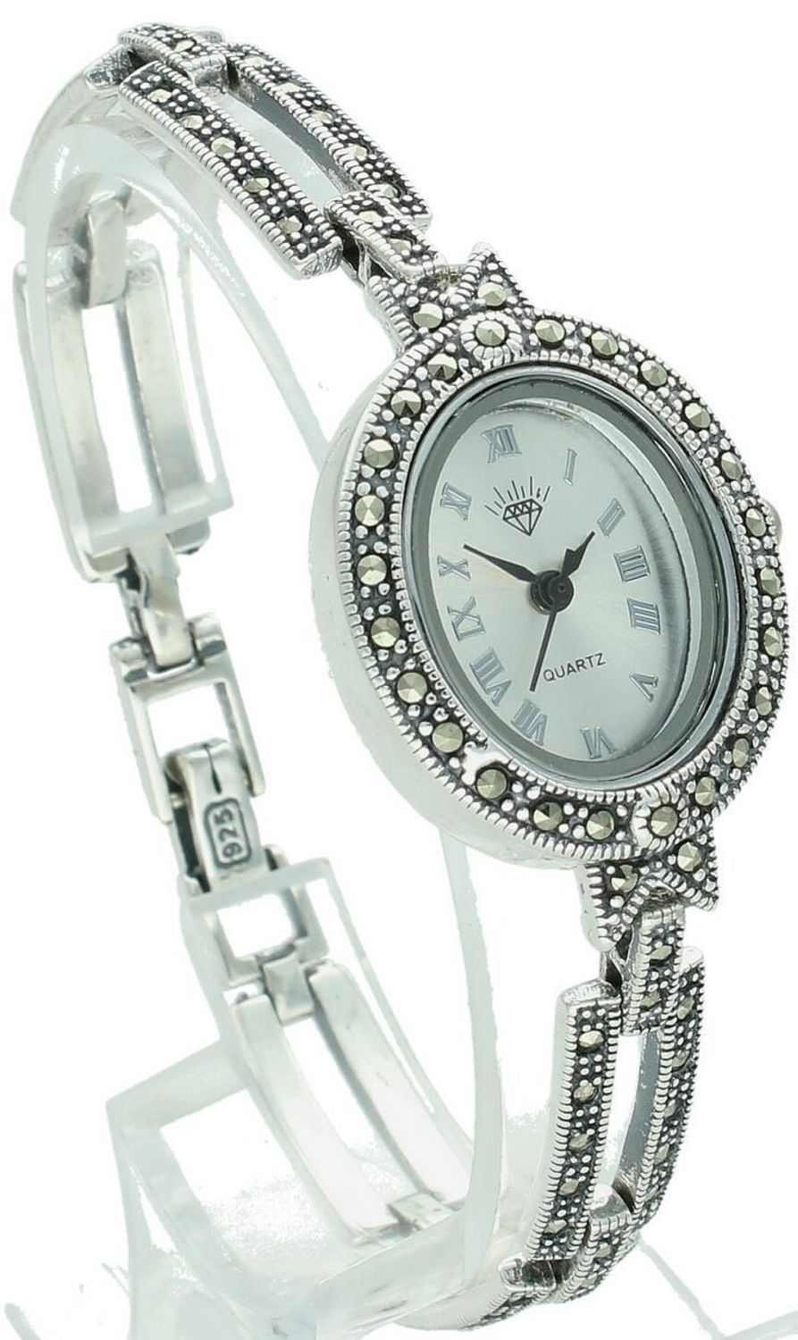 Zegarek damski srebrny 925, model DIA-ZEG-13851-925. Owalna tarcza z markazytami, długość 18 cm, waga 27,90 g – elegancki i subtelny.1.jpg