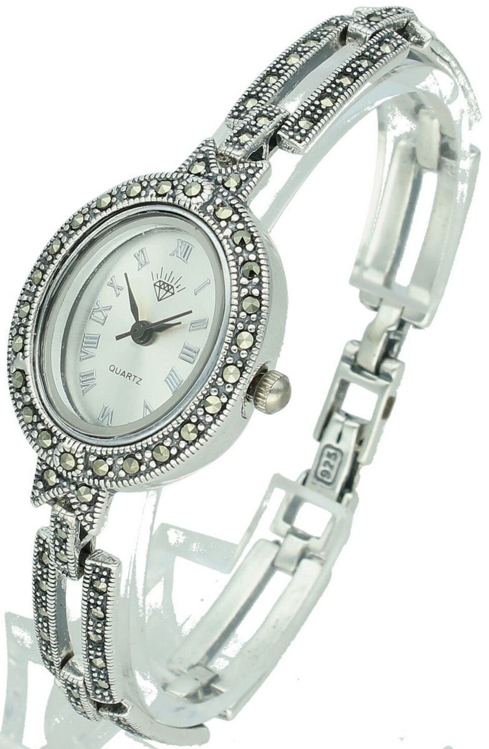 Zegarek damski srebrny 925, model DIA-ZEG-13851-925. Owalna tarcza z markazytami, długość 18 cm, waga 27,90 g – elegancki i subtelny.1.jpg