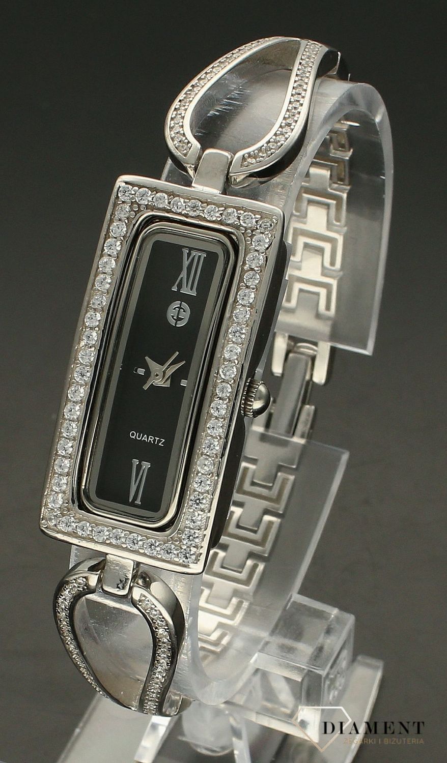 Zegarek damski srebrny biżuteryjny z czarną prostokątną czarną DIA-ZEG-9381-925. Elegancki zegarek ze srebra z prostokątną tarczą z cyrkoniami idealnie sprawdzi się jako ekskluzywny dodatek do białych koszul i koktajlowych s (5).jpg