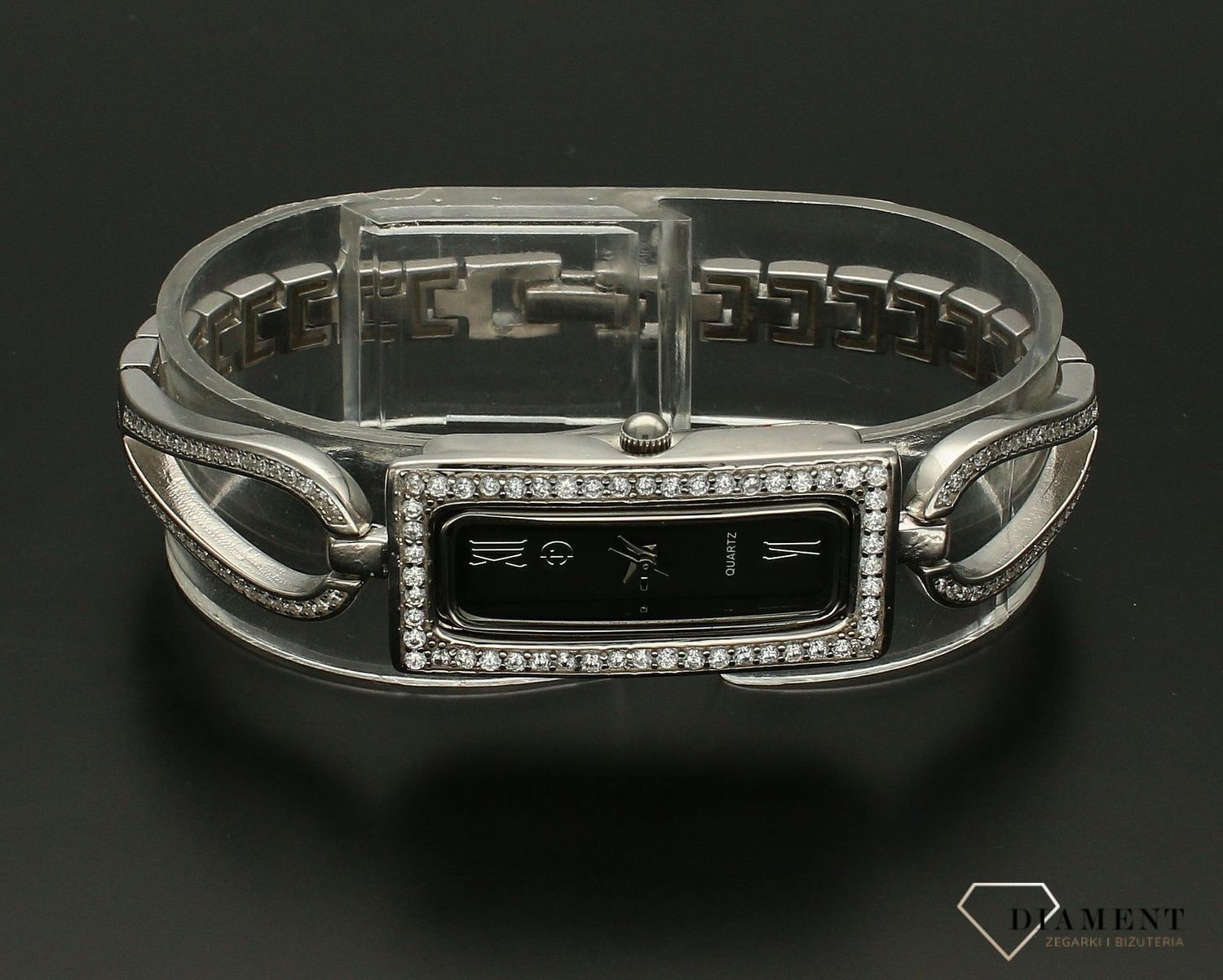 Zegarek damski srebrny biżuteryjny z czarną prostokątną czarną DIA-ZEG-9381-925. Elegancki zegarek ze srebra z prostokątną tarczą z cyrkoniami idealnie sprawdzi się jako ekskluzywny dodatek do białych koszul i koktajlowych s (5).jpg