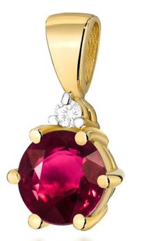 Zawieszka złota Z0076 z rubinem 0.60 ct i diamentem SI2 H 1.5 mm. Wykonana z żółtego złota próby 585, wymiary 6 x 12 mm, waga 0.4–0.8 g. 1.jpg