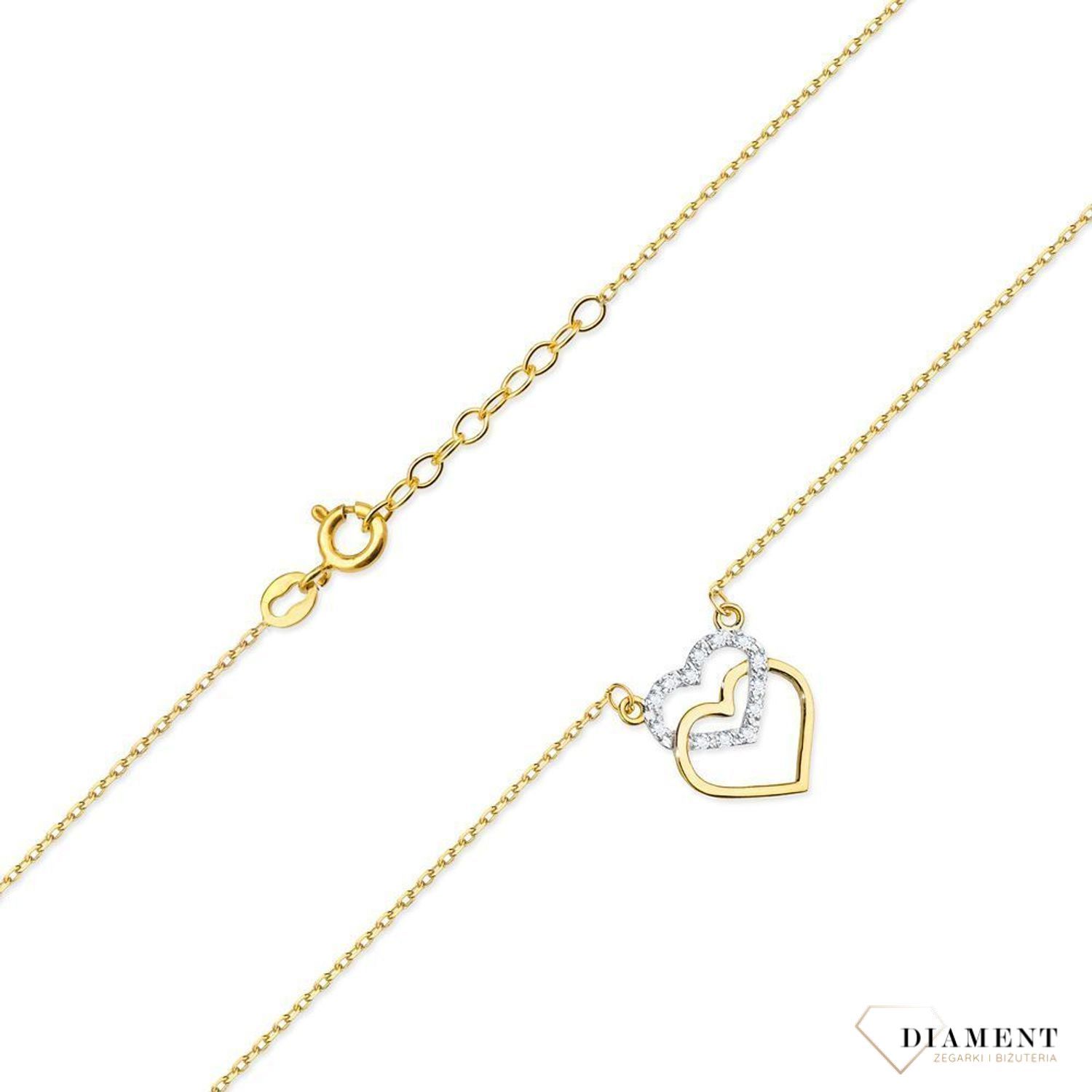 Złoty naszyjnik damski 585 Dwa serca z Brylantami 0.05 ct.jpg