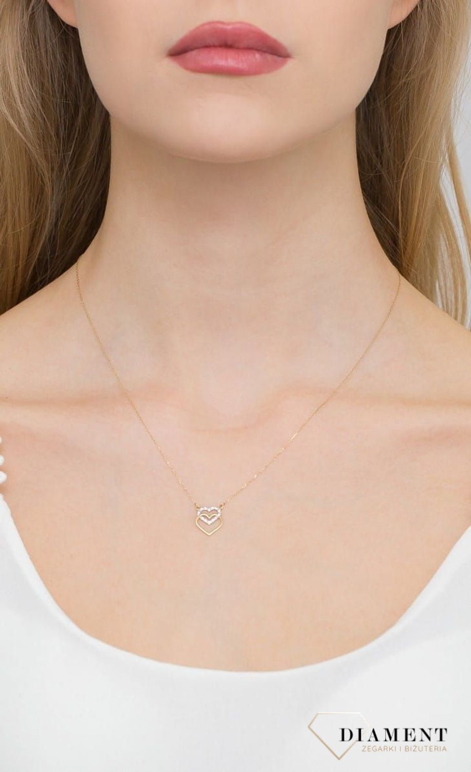 Złoty naszyjnik damski 585 Dwa serca z Brylantami 0.05 ct.jpg