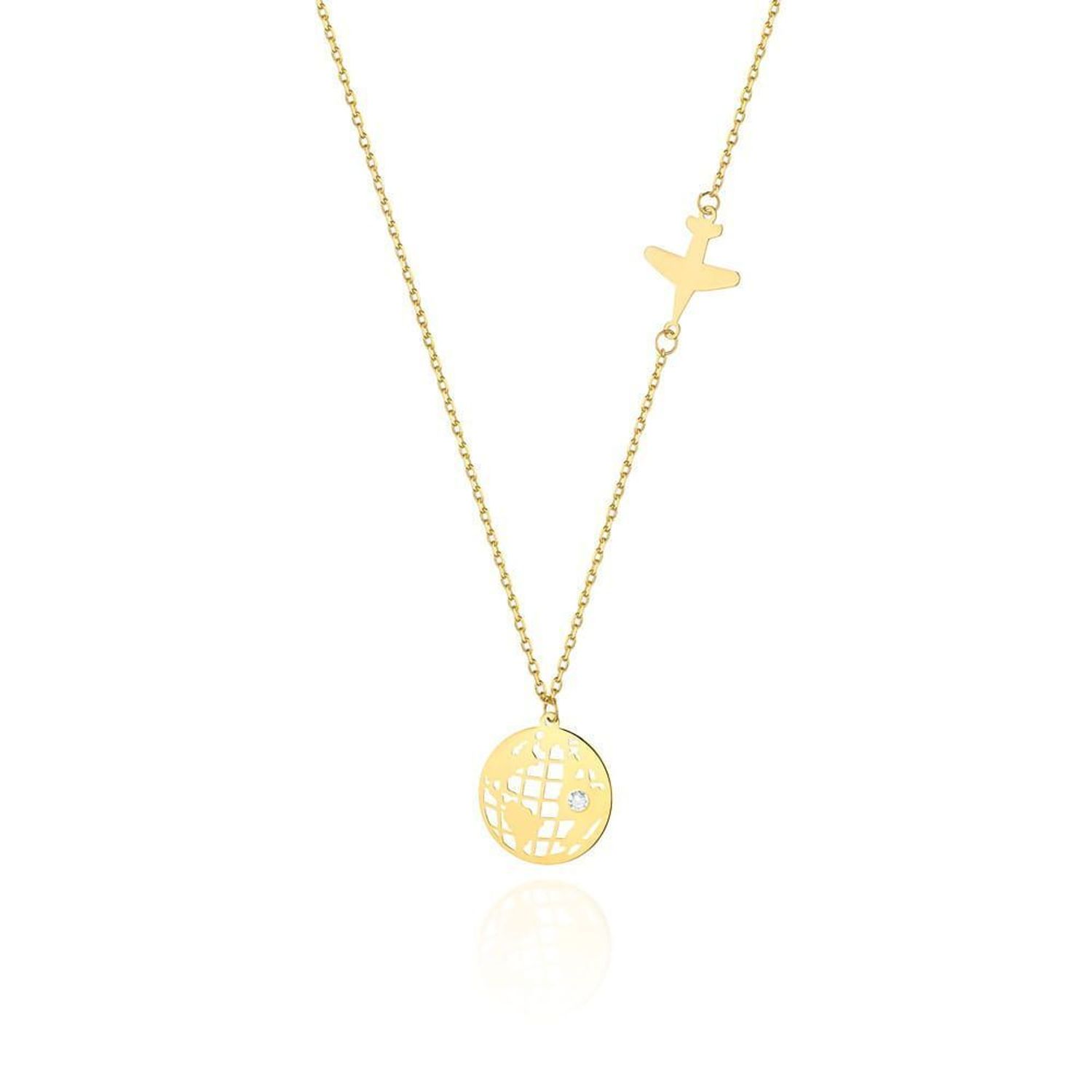 Złoty naszyjnik damski 585 Samolot i Kula Ziemska z Brylantem 0.005 2 ct.jpg
