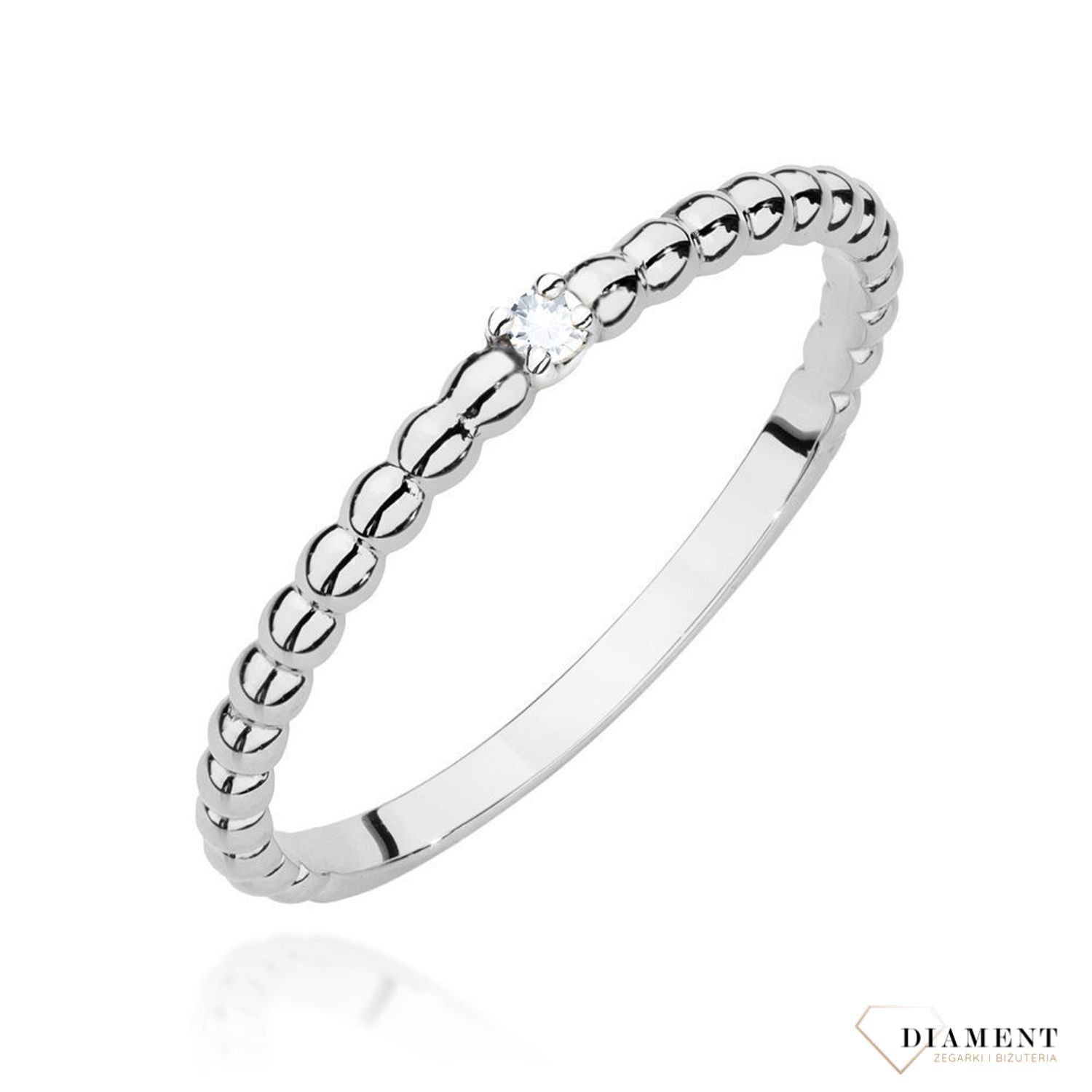 Złoty pierścionek damski Białe złoto 585 Obrączka z kuleczek z jednym Diamentem 0.02 ct 1.jpg