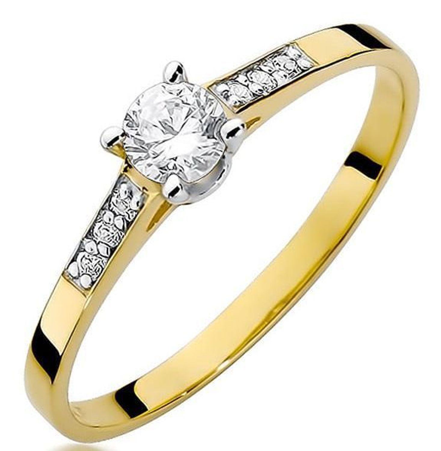 Pierścionek złoty W0399 z diamentami 0.21 ct (0.15 ct centralny + 6 x 0.01 ct). Wykonany z żółtego złota próby 585, szerokość szyny 1.8 mm, wysokość korony 4.1 mm, waga 1.2–1.8 g. 1.jpg