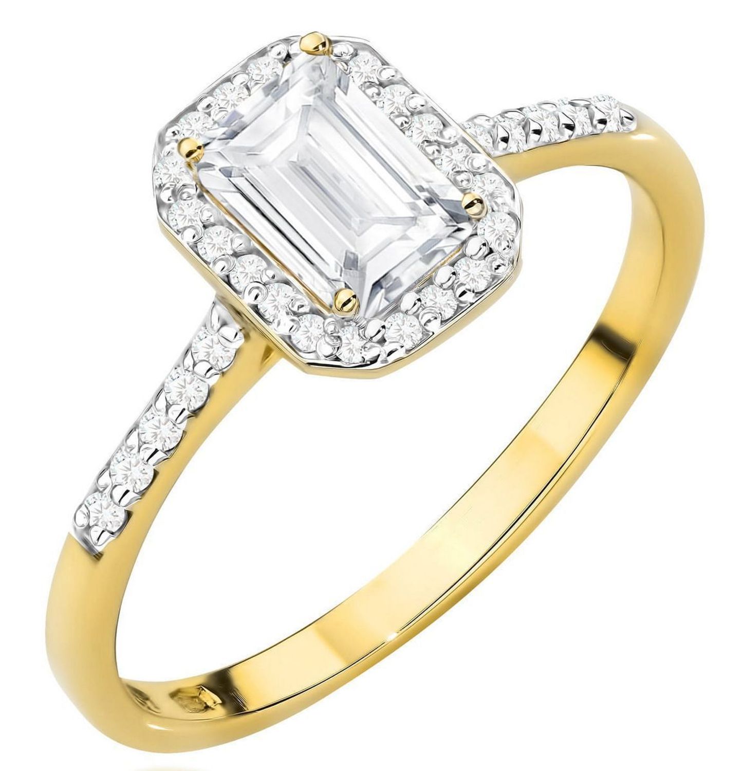 Pierścionek złoty W0575 z diamentem laboratoryjnym 0.60 ct (oktagon) i 30 dodatkowymi diamentami 0.186 ct. Wykonany z żółtego złota próby 585, szerokość szyny 1.6 mm, wysokość korony 5.5 mm, 1.jpg