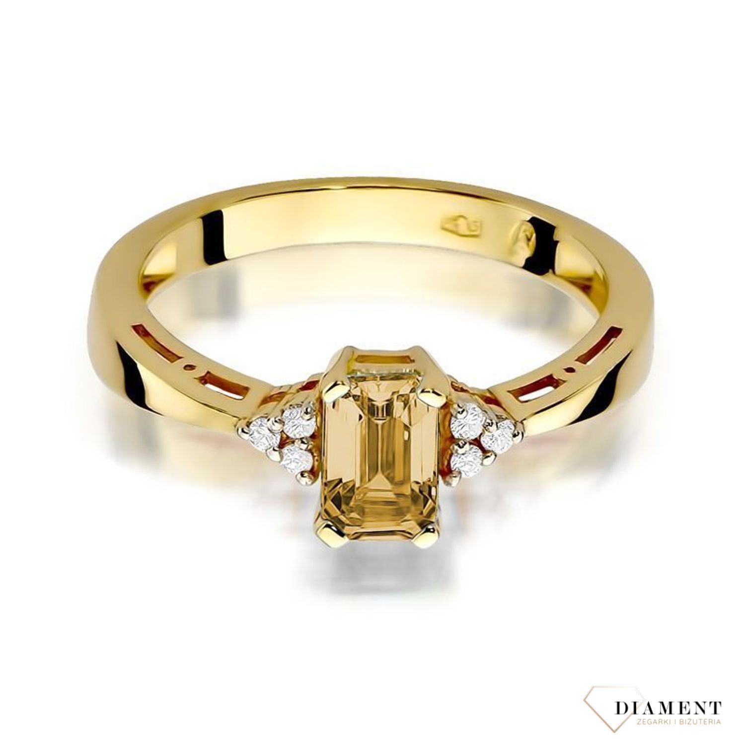 Złoty pierścionek damski 585 Cytryn otulony Diamentami 0.03 ct  Pierścionek z żółtego 14 karatowego złota z Diamentami, idealny prezent dla każdej kobiety. Możliwość zamówienia Twojego Rozmiaru..jpg