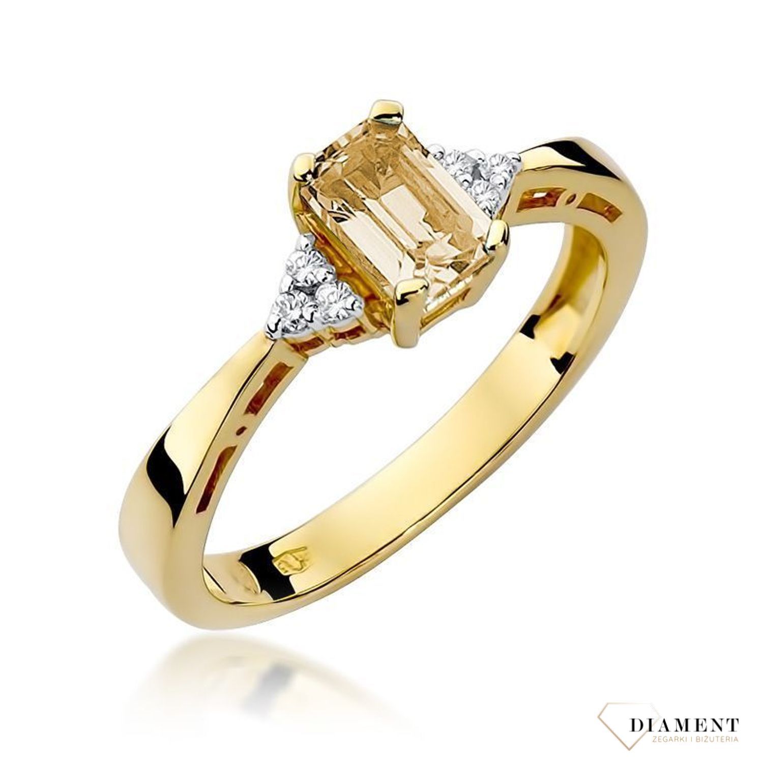 Złoty pierścionek damski 585 Cytryn otulony Diamentami 0.03 ct  Pierścionek z żółtego 14 karatowego złota z Diamentami, idealny prezent dla każdej kobiety. Możliwość zamówienia Twojego Rozmiaru..jpg