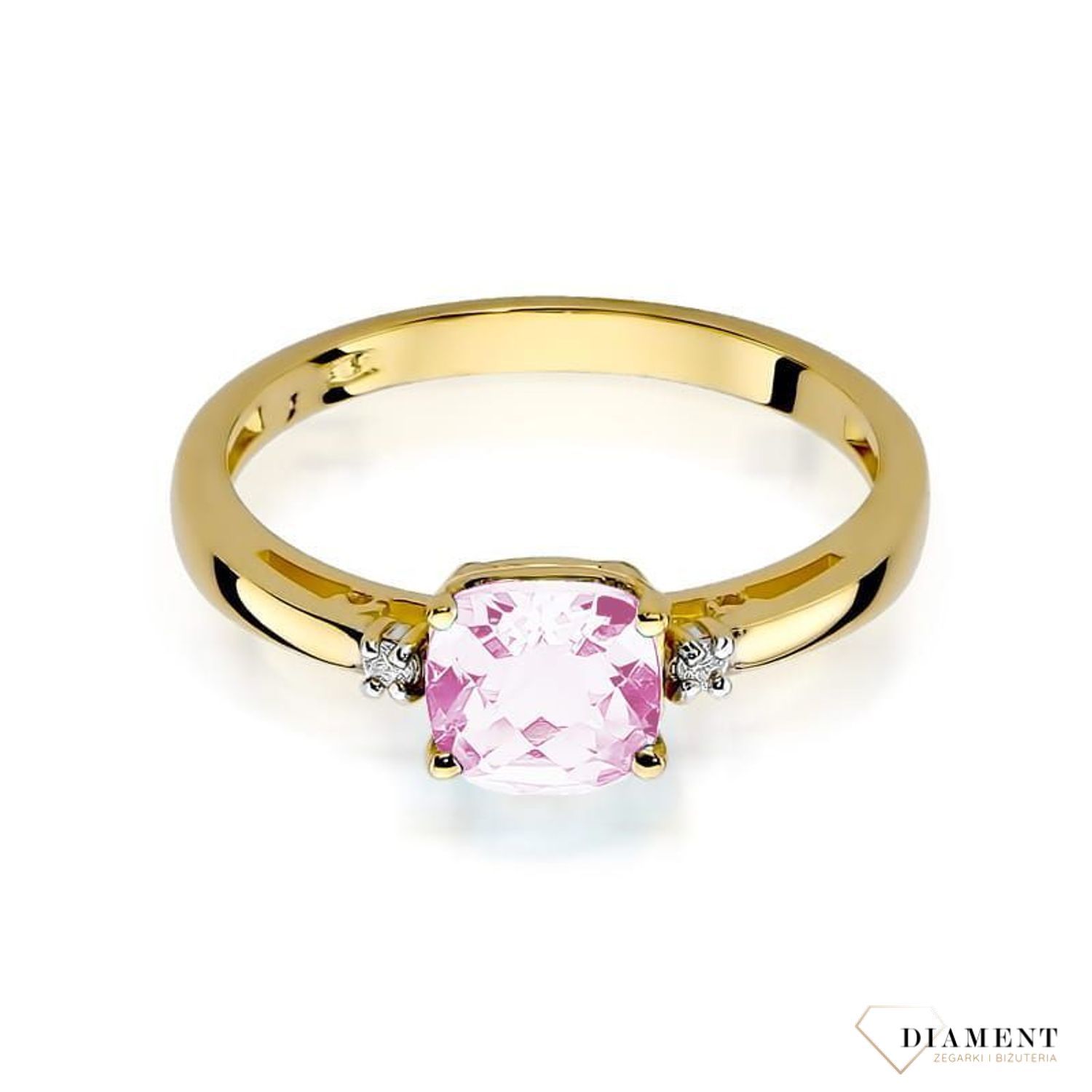 Złoty pierścionek Damski 585 Centralny Topaz Różowy i Diamenty 0.03 ct APRSW003Z585RT1.10DI Pierścionek z żółtego 14 karatowego złota z Diamentami, idealny prezent dla każdej kobiety. Możliwość zamówienia Twojego Rozmiaru..jpg