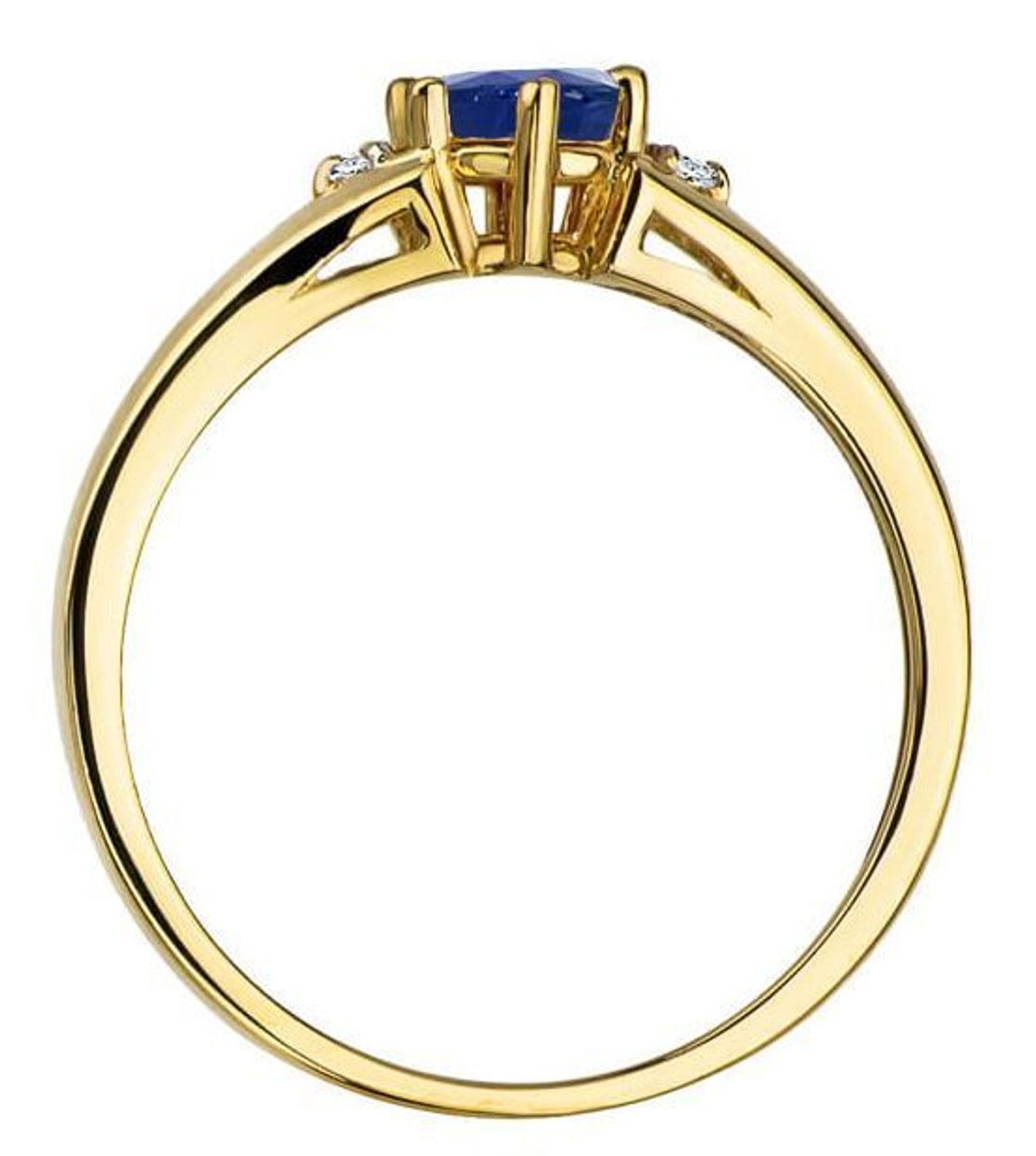 Złoty pierścionek z szafirem i diamentami W0076 – żółte złoto 585, szafir 0.50 ct (5 mm) oraz dwa diamenty SI2 H o łącznej masie 0.029 ct. Elegancka biżuteria o wadze 1.6–2.4 g1.jpg