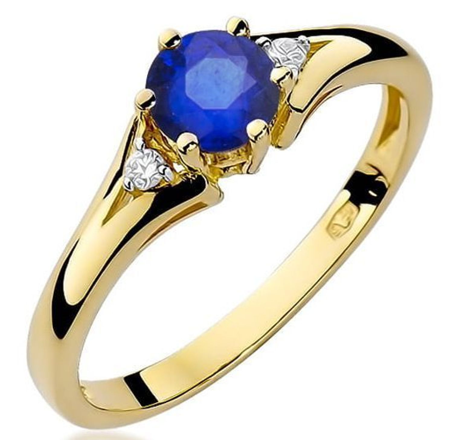 Złoty pierścionek z szafirem i diamentami W0076 – żółte złoto 585, szafir 0.50 ct (5 mm) oraz dwa diamenty SI2 H o łącznej masie 0.029 ct. Elegancka biżuteria o wadze 1.6–2.4 g1.jpg