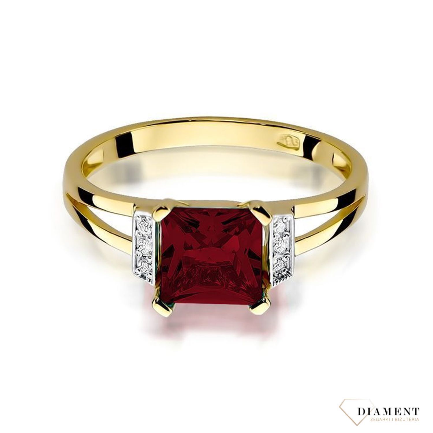 Pierścionek złoty z Diamentami 585 Pierścionek z Granatem i Diamentami 0.03 ct DIAPRSW103Z585G1.30  Pierścionek z żółtego 14 karatowego złota z Diamentami i Granatem, idealny prezent dla każdej kobiety. Możliwość zamówienia.jpg