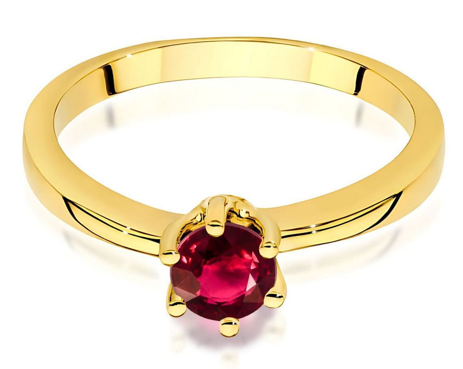 Złoty pierścionek z rubinem W0563 – żółte złoto próby 585, rubin 0.60 ct (5 mm). Szlachetna biżuteria o wadze 2.1–2.9 g i wysokości korony 6.3 mm. Symbol elegancji, miłości i pasji.1.jpg