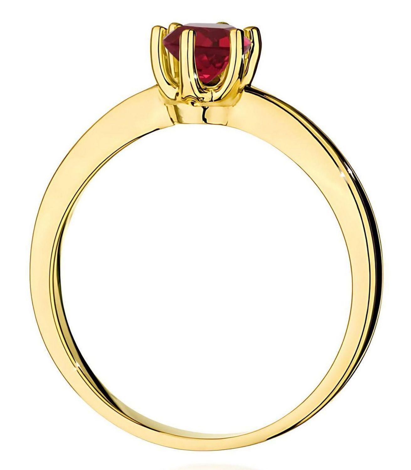 Złoty pierścionek z rubinem W0563 – żółte złoto próby 585, rubin 0.60 ct (5 mm). Szlachetna biżuteria o wadze 2.1–2.9 g i wysokości korony 6.3 mm. Symbol elegancji, miłości i pasji.1.jpg