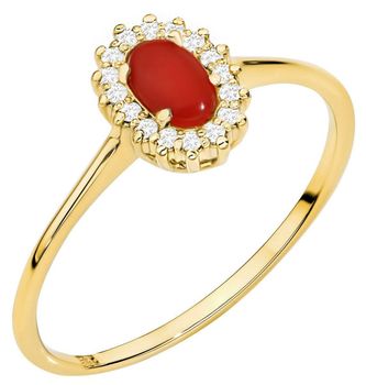 Pierścionek W0569 z żółtego złota 585 z centralnym koralem 0,20 ct i 16 diamentami o łącznej masie 0,08 ct. Elegancka biżuteria kolorowa, idealna na prezent lub wyjątkowe okazje.1.jpg