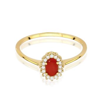 Pierścionek W0569 z żółtego złota 585 z centralnym koralem 0,20 ct i 16 diamentami o łącznej masie 0,08 ct. Elegancka biżuteria kolorowa, idealna na prezent lub wyjątkowe okazje.2.jpg